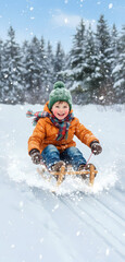Happy child sledding in snowy winter forest

