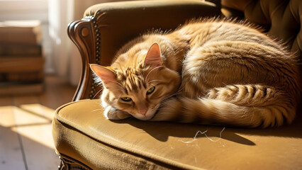 Serene orange tabby cat resting on plush armchair in sunny room