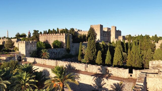 Aerial view of the palace of the grand master of the knights of rhodes in greece on a clear sunny day