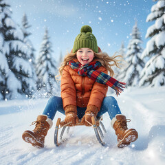 Joyful girl riding sled in snowy landscape

