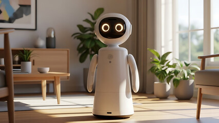 Cute robot standing in a modern living room with plants