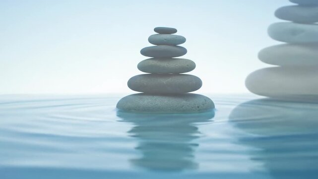 Five dark gray zen stones (cairn) in shallow, clear, light blue water with ripples and reflections under a minimalist sky, soft light, bokeh, slow motion. Concept of inner harmony
