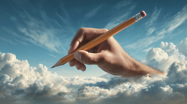Surrealer Ideenflug, Bleistift &uuml;ber Wolke, Symbol f&uuml;r Kreativit&auml;t und Vision
