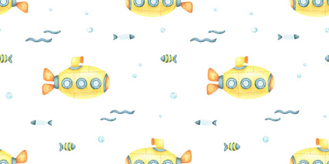Yellow submarine, fish, waves and bubbles Hand drawn watercolor seamless pattern. Kids background of cute underwater transport. Nursery print children room design, fabric, wrapping paper, baby bedding © Fedulova_art