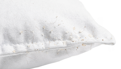 Cropped view of a pillowcase edge with noticeable light flakes and hair fragments spotlighting cleanliness and dandruff care in a sterile white environment.