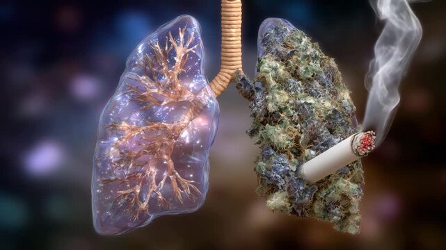 343Macro view of split lungs, fine details of alveoli visible on healthy side, right side showing clogged, tar-stained tissue, cigarette in middle producing a thin curl of smoke