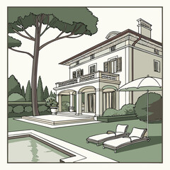 Luxury villa backyard with pool and seating arrangement