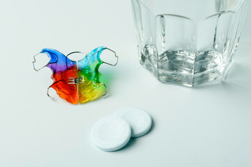 Orthodontic retainer beside glass of water and cleaning tablets on light background for home dental hygiene and appliance care.