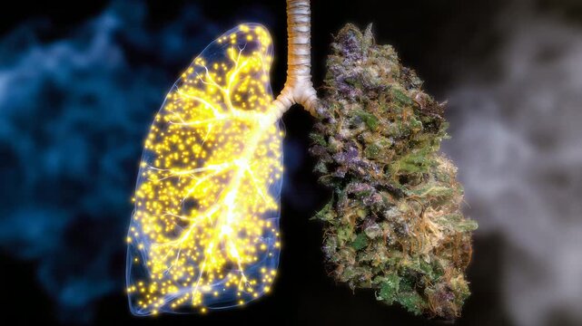 359Split-screen visualization, left lung clean and vibrant, right lung damaged with visible smoke residue, cigarette positioned in center, lighting emphasizing stark contrast