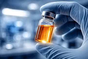Scientist in blue medical gloves holds a glass vial with orange liquid in a blurred laboratory setting Concept of innovative medical research and pharmaceutical vaccine development