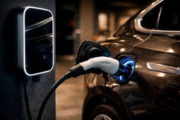 Close-up of a black electric car charging at a wall station with a glowing led frame in a dark underground parking garage Sustainable energy and futuristic transport technology concept