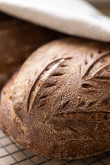 Freshly baked artisan sourdough bread cooling on rack in bright kitchen