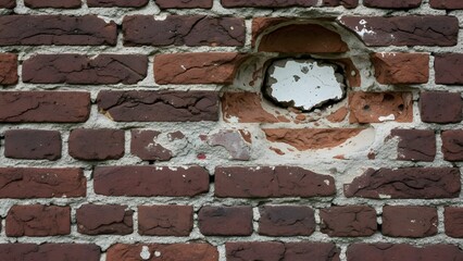 Old Weathered Red Brick Wall with Circular Metal Pipe Hole and Chipped Paint red bricks weathered surface