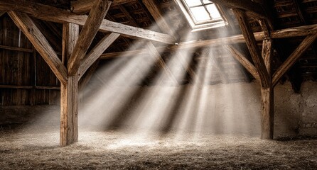 Sunlight streams through attic's wooden beams