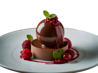 Decadent Chocolate Sphere Mousse Dessert with Raspberry Coulis and Fresh Berries on a White Plate, Studio Lighting, Food Photography