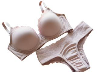 Elegant Beige Lace Bra and Panty Set on Black Background, Soft Lighting, Intimate Apparel, Women's Lingerie, Studio Shot