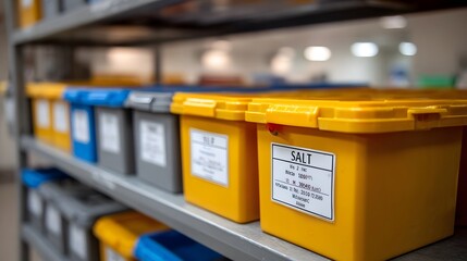 Rows of colorful labeled storage bins neatly arranged on industrial shelves in a laboratory or warehouse setting