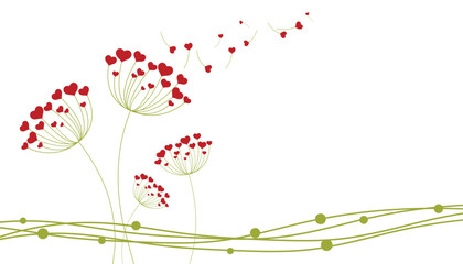 Dandelion with hearts. Happy Valentine's day greeting card. Lovely romance flower. Congratulation with Love. Valentine's day Vector illustration background.