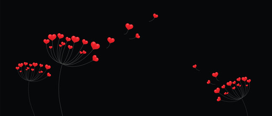 Dandelion with hearts. Happy Valentine's day greeting card. Lovely romance flower. Congratulation with Love. Valentine's day Vector illustration background.