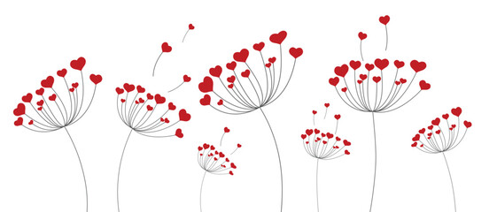 Dandelion with hearts. Happy Valentine's day greeting card. Lovely romance flower. Congratulation with Love. Valentine's day Vector illustration background.