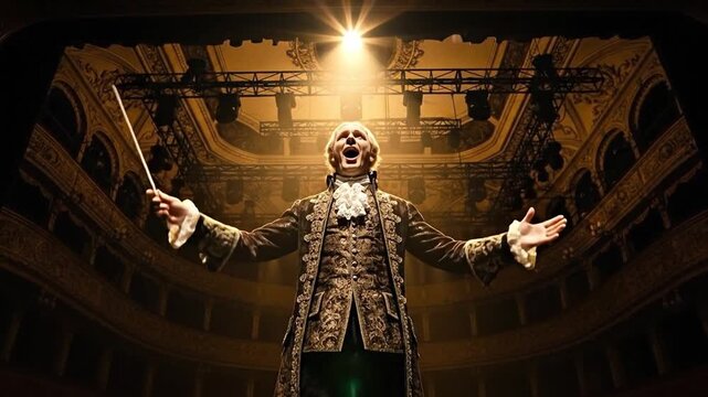 Theatrical Performance Male Actor in Historic Clothing on Stage with Dramatic Lighting