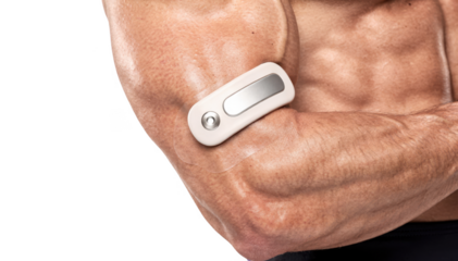 Closeup of a smart adhesive temperature patch on an athletic upper arm isolated on white highlighting sleek design and seamless skin adhesion for optimal performance monitoring.