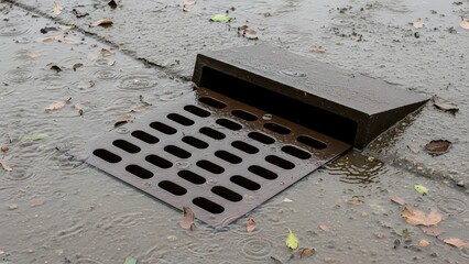 Rainwater drain grate on wet pavement with brown autumn leaves scattered around