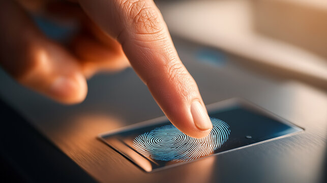 person scanning fingerprint for biometric access - Powered by Adobe