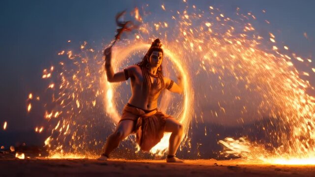 Shiva performs fire dance in the open evening sky with bright lights around the horizon