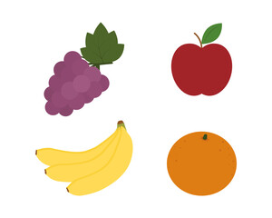 Bananas and Grape Bunch Red apple and Orange Holiday or Seasonal fruits Minimalist Flat design idea. Isolated Vector illustration Sticker Icon Pictogram Print Materials Banner, leaflets, media content