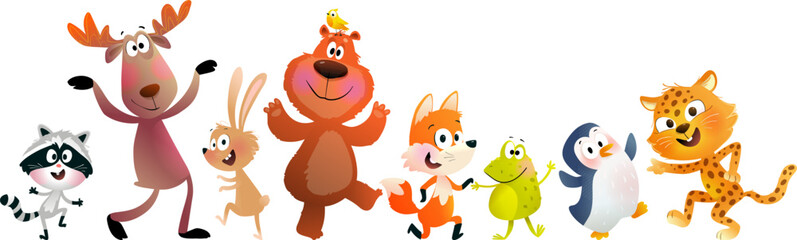 Fototapeta premium Funny and whimsical wild animals group cartoon collection. Bear, moose, leopard, fox, frog and other fun characters illustration for children. Vector wildlife animals cartoon, clipart set for kids
