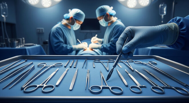 Surgical instruments on tray, sharp scalpels and forceps, background blurred surgeons operating, showcasing precision medical tools, healthcare concept