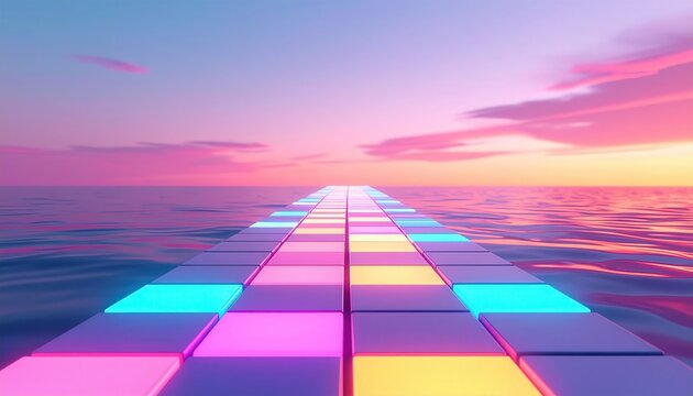 Neon tiled pathway leading across ocean toward horizon at colorful sunset