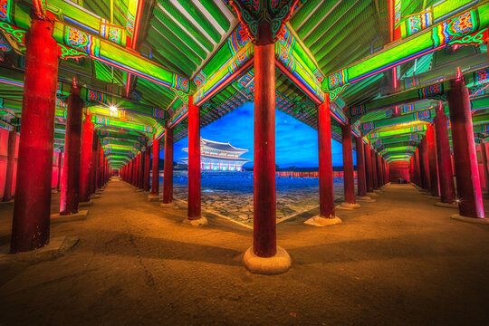 `Gyeongbokgung Palace' at night is one of Seoul's five main palaces with the longest history. Seoul, South Korea