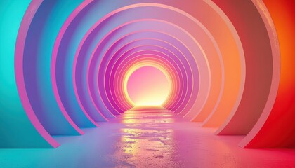 Vivid neon tunnel with concentric rings and glowing warm light at the horizon