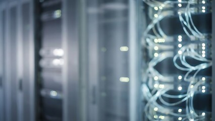 High-tech server room with glowing cables and modern equipment