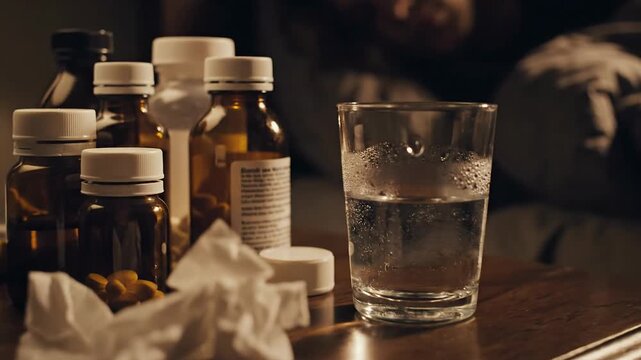 A Cinematic Shot of a Sick Person's Bedside Table with Medicine and a Glass of Water