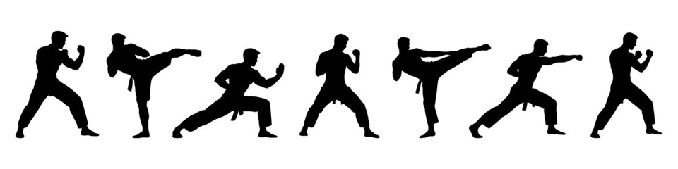 Martial arts fighter silhouettes performing kicks and punches in black. Set of karate combat poses