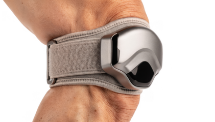Closeup of a wearable knee motion sensor secured around the knee designed for precise tracking of joint movement during sports rehabilitation exercises on a white background.