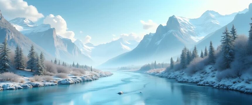 Majestic snowy mountains tower over a serene river as the camera gently pans, capturing the tranquil flow of water and swaying pine trees in a cinematic winter landscape.