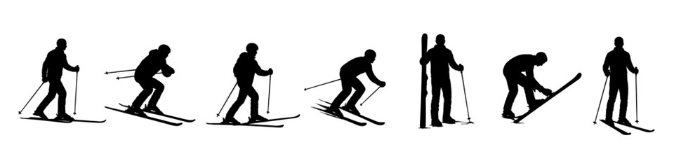 Obraz premium Skier silhouettes in motion on snow in black. Set of downhill and freestyle skiing poses