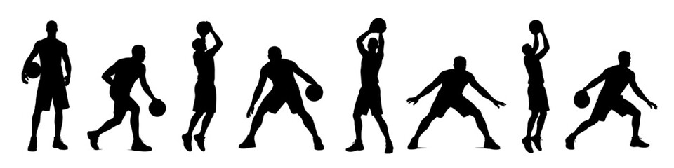 Fototapeta premium Basketball player silhouettes in action in black. Set of dribbling, shooting, and defense poses