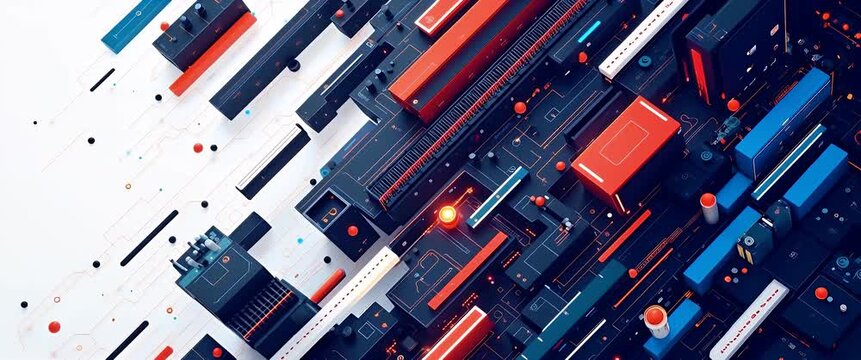 Futuristic circuit board elements glide in graceful motion as the camera performs a slow pan, creating a dynamic, digital landscape in a sleek, cinematic style.
