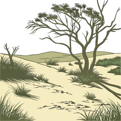 Naklejka premium Desert landscape with tree and grass on sand dunes
