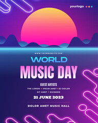 A professional vector poster template for World Music Day or music festivals featuring a trendy retro-futuristic synthwave aesthetic. The design includes a vibrant neon sun, mountain silhouettes, and 