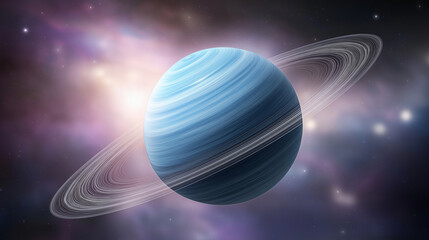 Gas giant planet with thin luminous rings orbiting in deep space, glowing nebula and stars background, cosmic exploration