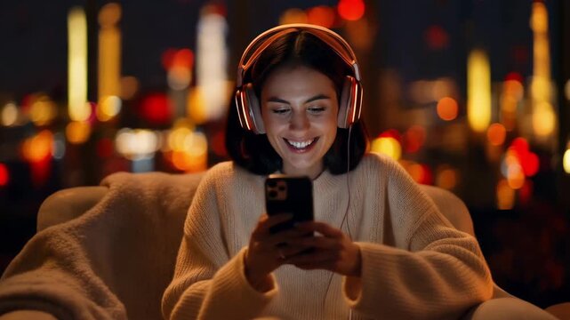 Happy young woman smiling while using a dating app on her phone at night. Animated hearts float around representing social media likes and love. Online romance and digital connection concept