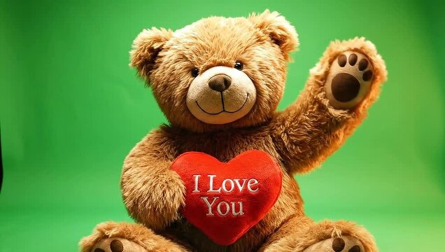 Cute fluffy brown teddy bear holding a red heart pillow inscribed with 'I Love You' and waving its paw against a bright green screen background, perfect for romance and affection concepts.