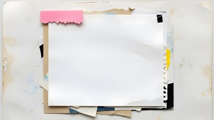 Stack of white paper with pink sticky note on of torn paper background