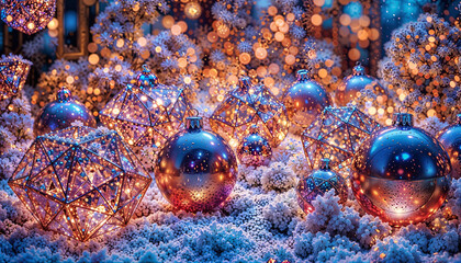Magical Winter Wonderland with Glowing Geometric Ornaments and Sparkling Baubles in Soft Snow Landscape